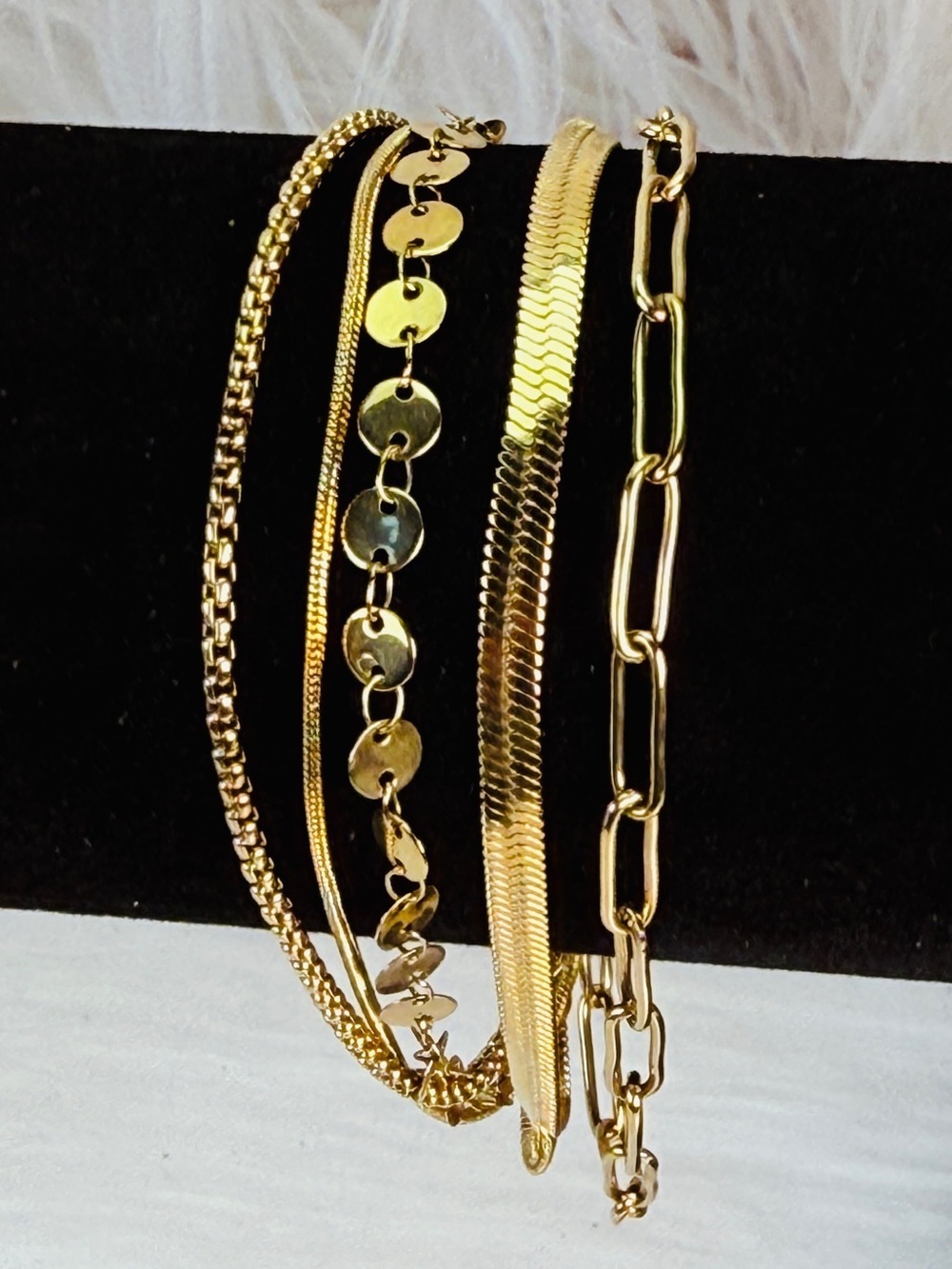 Victoria Emerson, connected five strand, clasp closure, goldtone bracelet